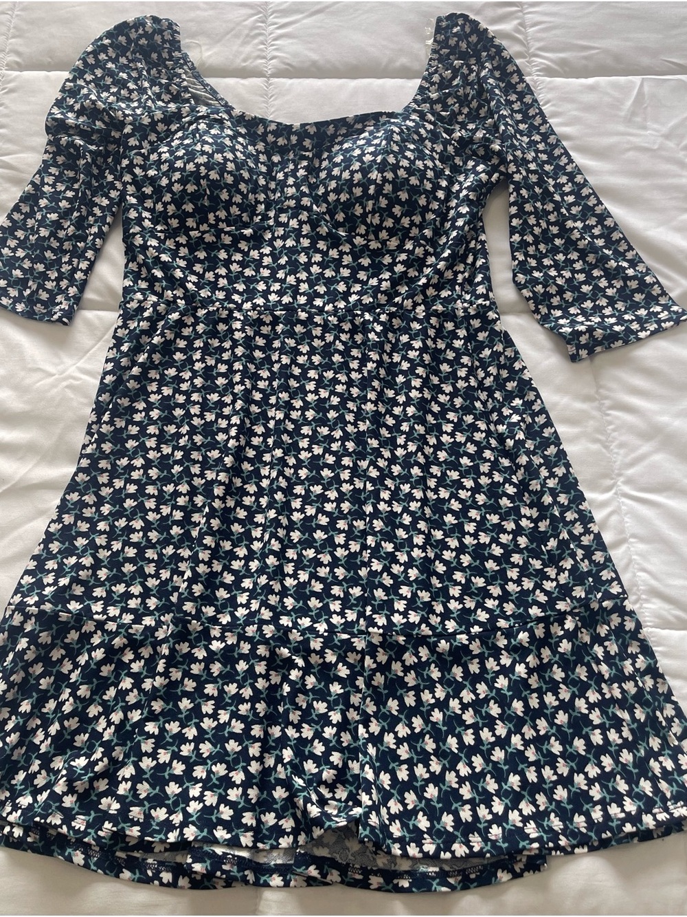AUW Navy Floral Midi Dress with White and Teal Accents